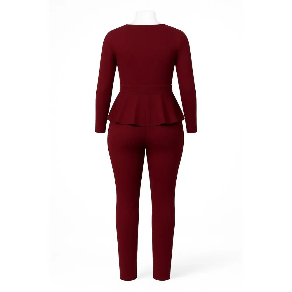 GIBIU Wine Burgundy Peplum Belted Jumpsuit – 1X (Junior Plus‎ 12–14)